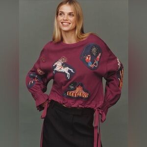 NWT Nathalie Lete Circus Drawstring Long Sleeve Top Wine Color XL Appliqué